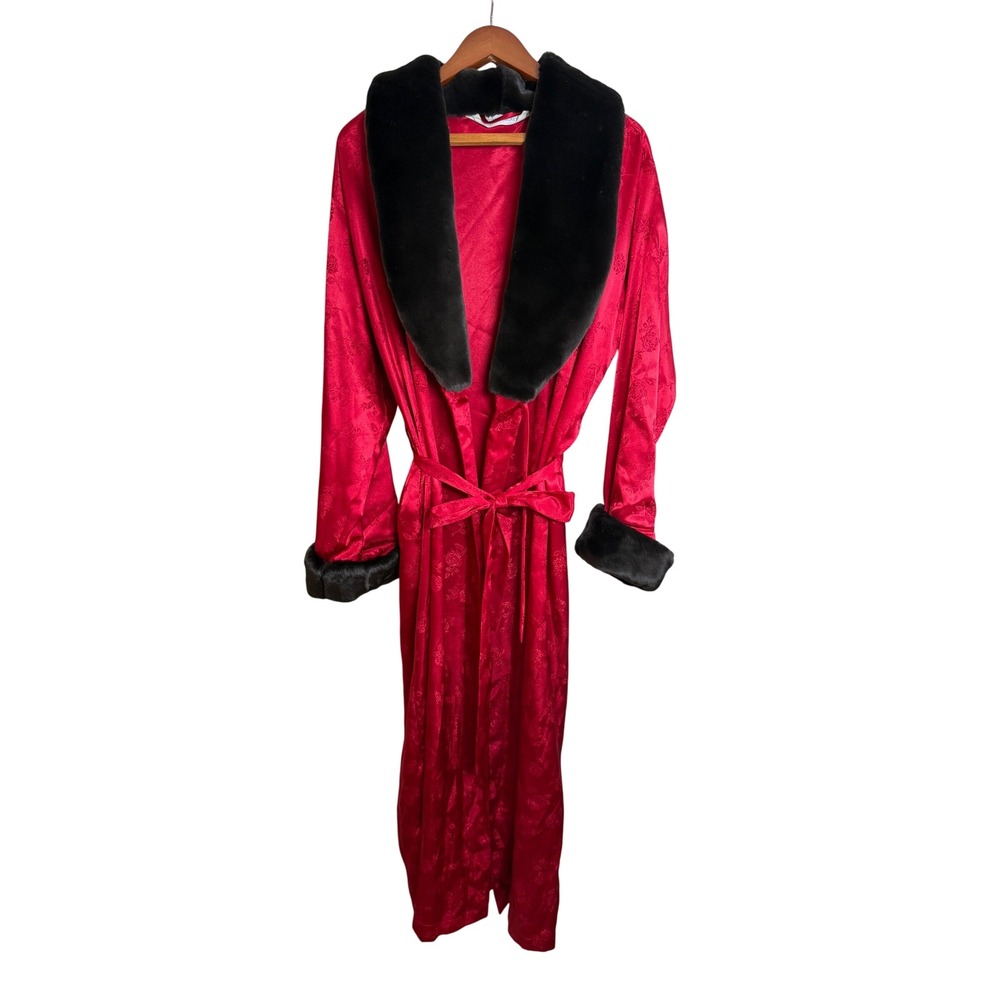 Vintage‎ Victoria's Secret Robe Women M Red Faux Fur Floral Satin Long Wrap